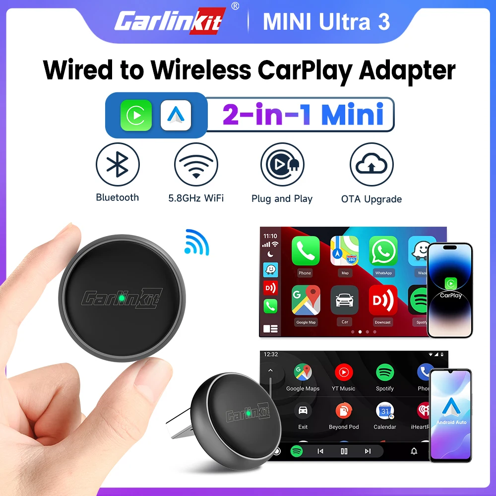 Carlinkit Mini Ultra 3-Wireless-Carplay-Adapter wandelt kabellose Android-Auto-Plug-and-Play-Carplay-WLAN-Bluetooth für Autoradio um