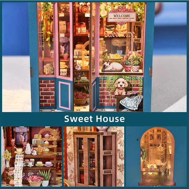 Wooden DIY Book Nook Kit Miniature Doll House With Lights Bookshelf Insert 3D Puzzle Model Building Doll House Decor For Gifts 4