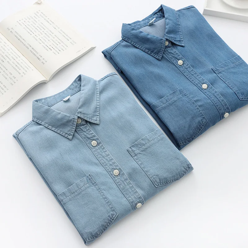 Women Thin Blouse Mercerized Denim Shirt Spring Summer Long Sleeve