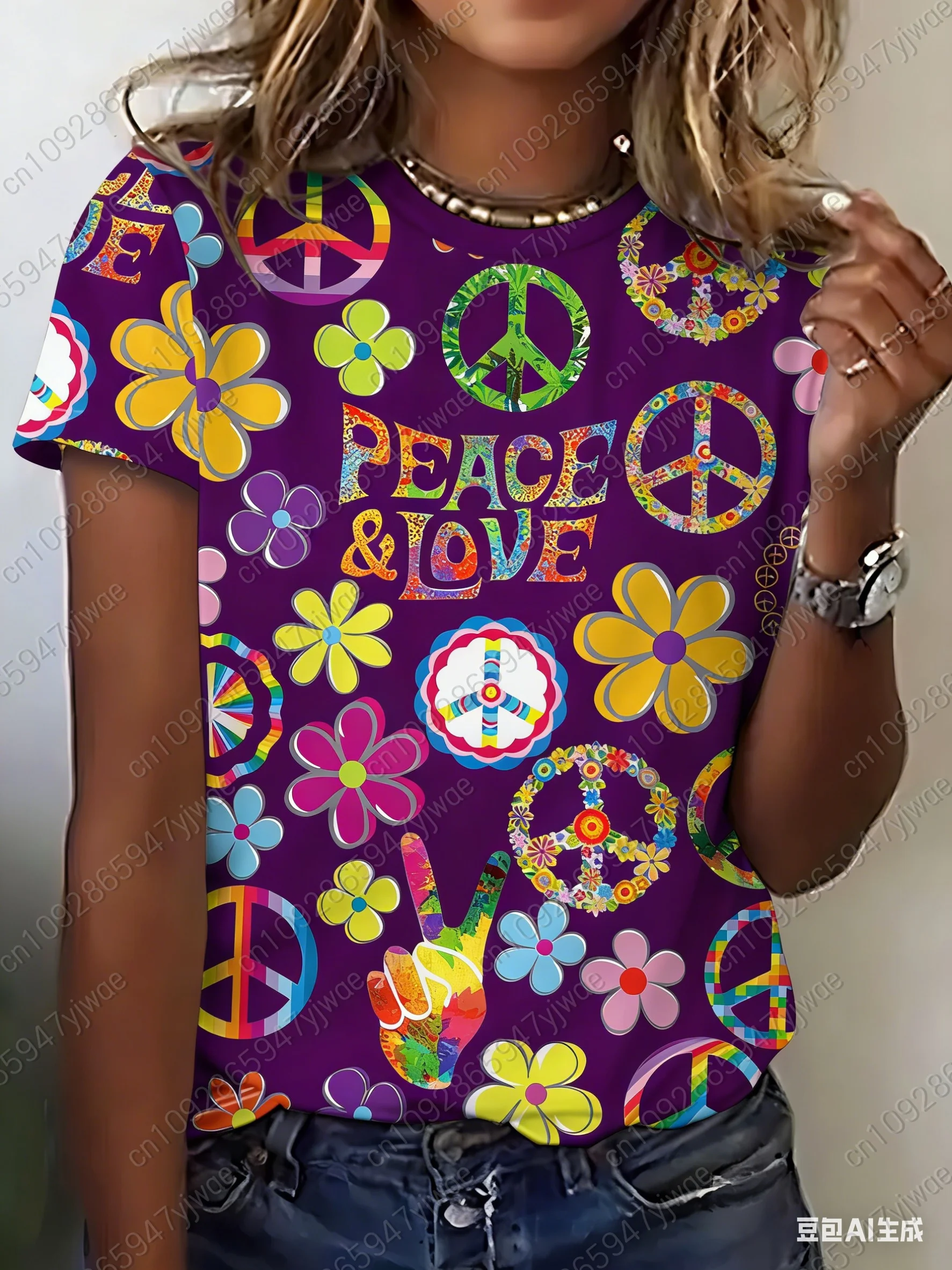 تي شيرت نسائي صيفي 2026 بأكمام قصيرة وطباعة الرسالة 'السلام والحب' وتصميم زهور، قميص بياقة مستديرة للفتيات، ملابس رياضية خارجية للنساء البالغات