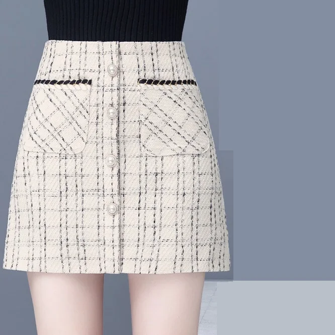 Spring Autumn New Korean Short Skirt Female High Waist Thin Wrap Hip A-shaped Lattice Skirt Girl Student Printing Fashion Black slazenger skort