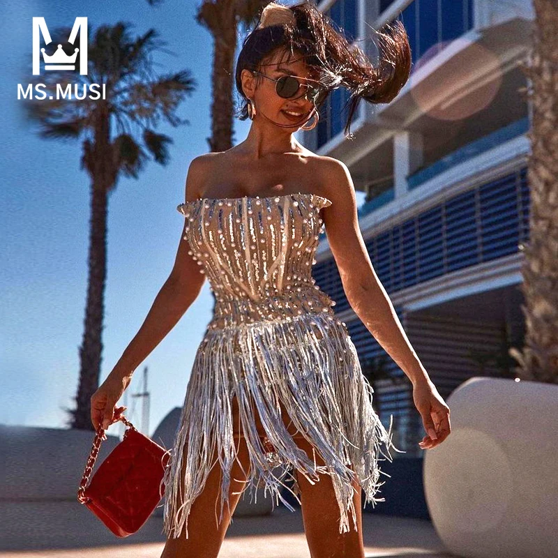 

MSMUSI 2023 New Fashion Women Sexy Strapless Sequins Tassels Chain Pearl Beading Sleeveless Bodycon Party Club Event Mini Dress