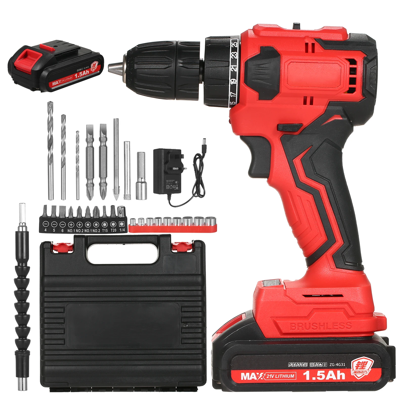 21V Electric Drill Set Impact Cordless Drill High power 25+1Gears of Torques Adjustable Electric