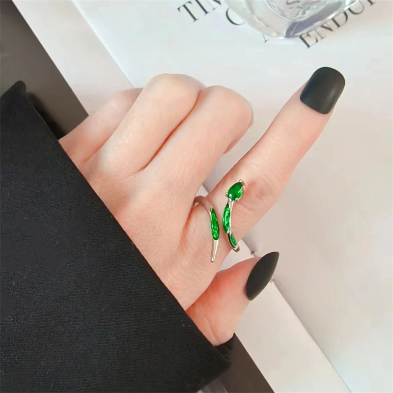 WYEAIIR Green Shiny Zircon Slytherin Snake INS 925 Sterling Silver Resizable Opening Ring For Women Luxury Jewelry 2