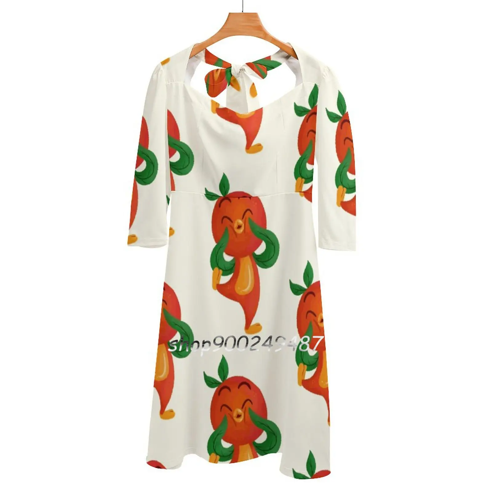 

Lil Orange Bird Square Neck Dress Sweet Summer Dress Women Elegant Halter Print Dress Parks Orange Bird