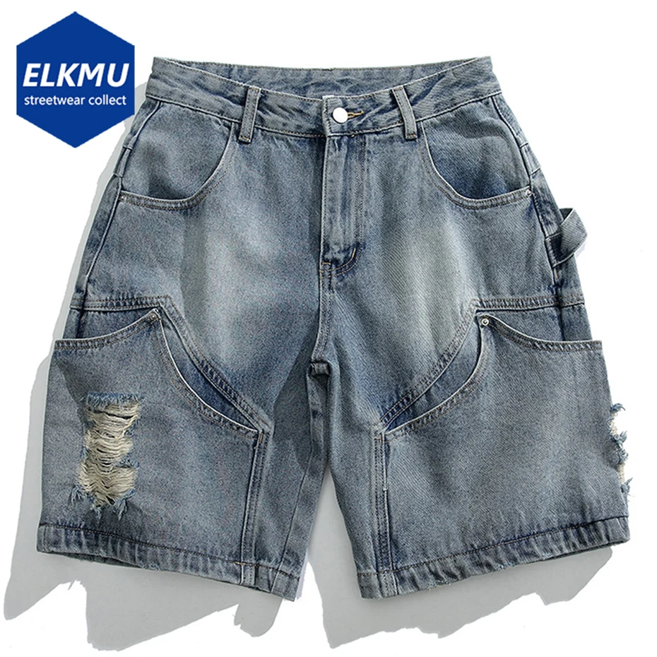 Multi Pocket Cargo Denim Shorts Summer Men Casual Loose Ripped Jeans Shorts Streetwear Harajuku Hip Hop