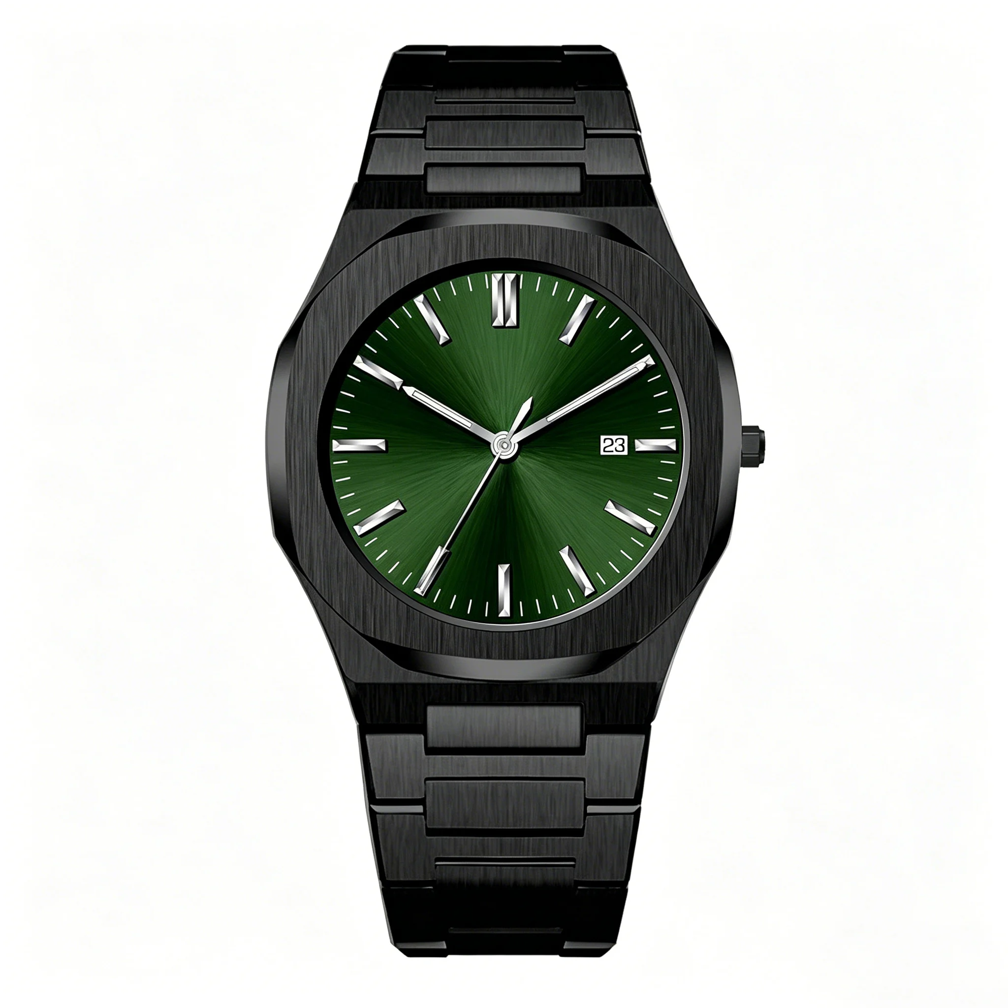 Men's Minimalist Green Sunburst Dial Quartz Watch with Silver Stainless Steel Band