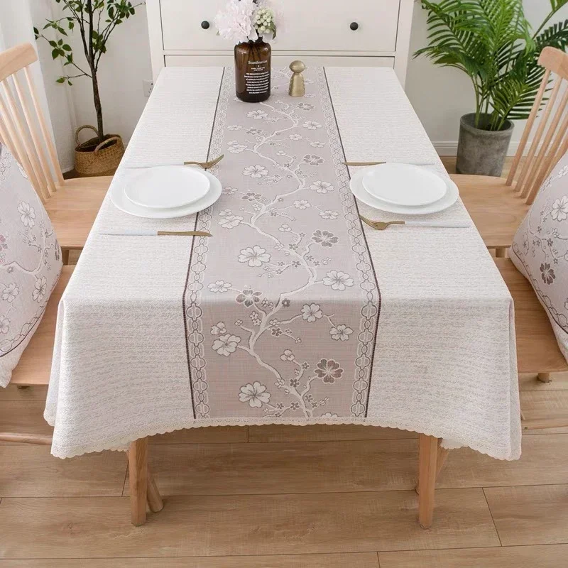

high quality luxary cotton Linen thick Table cloth with flag white lace selvage flower type hotel Dining room party Table Cover