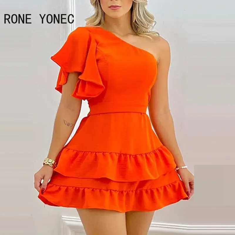 WomenSolidSexyDiagonalCollarOneShoulderRuffleSleevesCascading