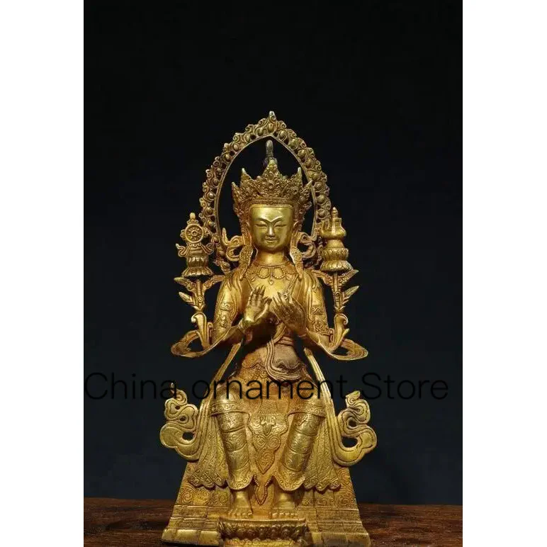 

12.8" Old Tibetan Bronze Gilt Buddhism Seat Maitreya Buddha Statue Sculpture