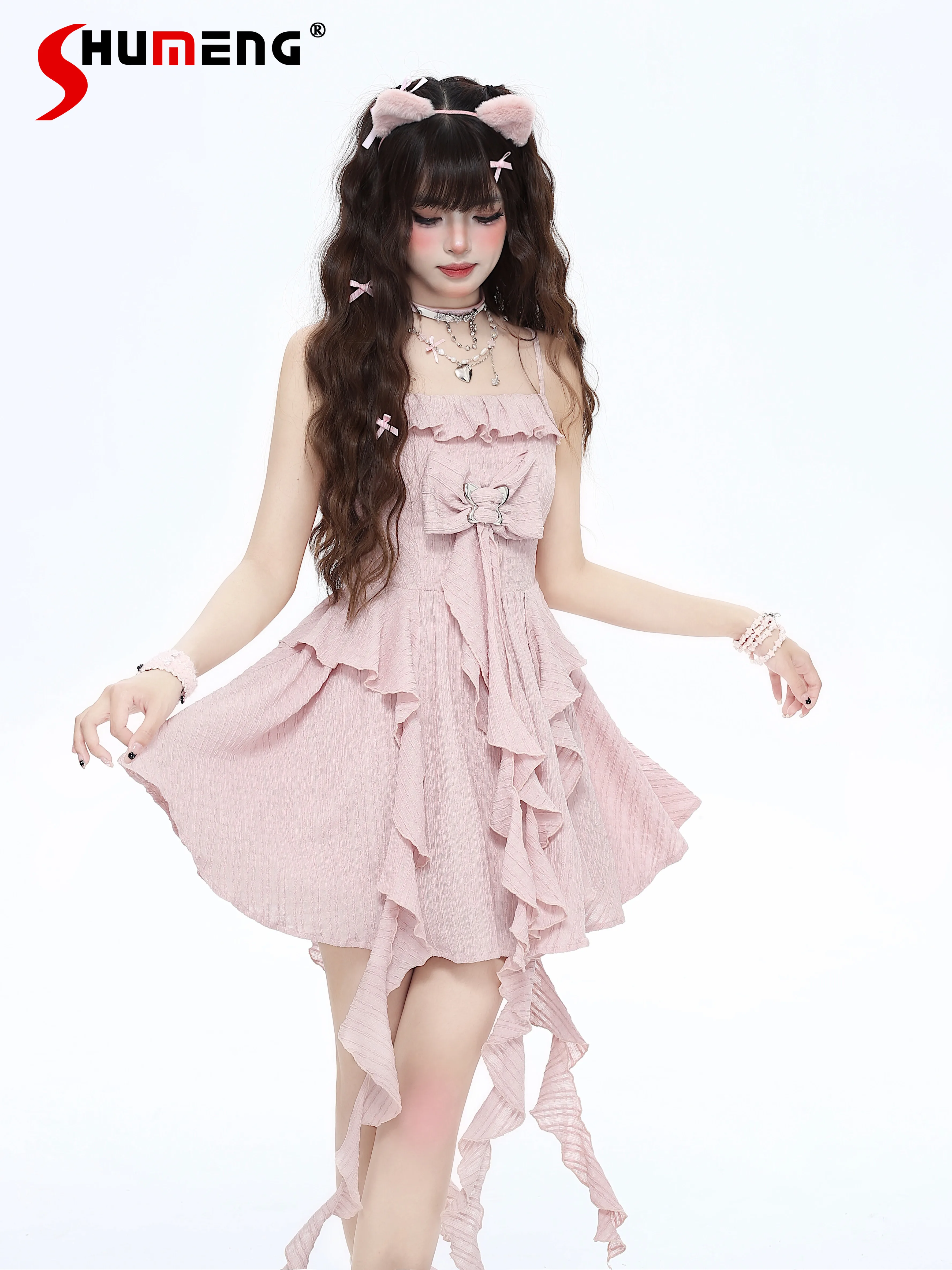 

Original Sweet Cool Ruffles Pink Dress for Women 2024 Summer New Fairy Elegant Seaside Slim Waist Short Suspender Dresses Female