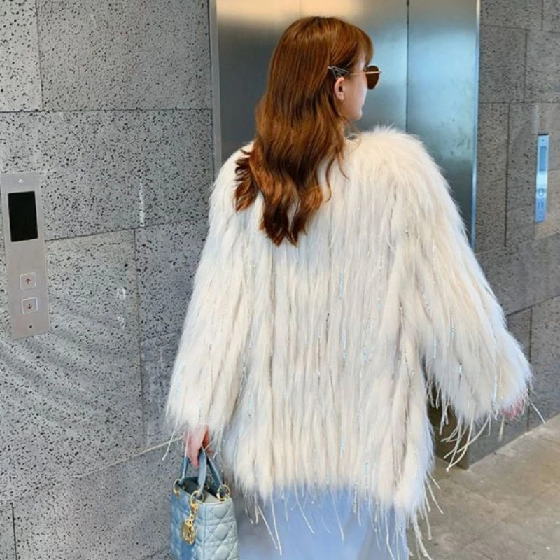 2023 New Women Faux Fox Fur Coat Mid-Length Fashion Imitation Raccoon Fur Tassel Outwear Winter Female Elegance Casual Outcoat