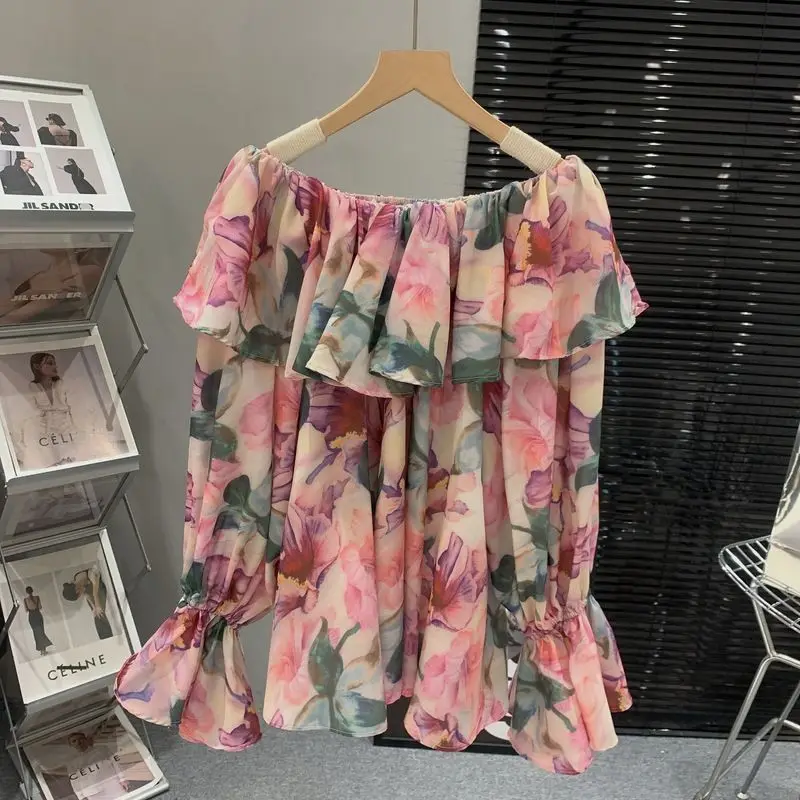 Fashion Slash Neck Printed Ruffle Flare Sleeve Blouses Women Clothing 2024 Spring Summer New Loose Chic Tops Office Lady Shirts