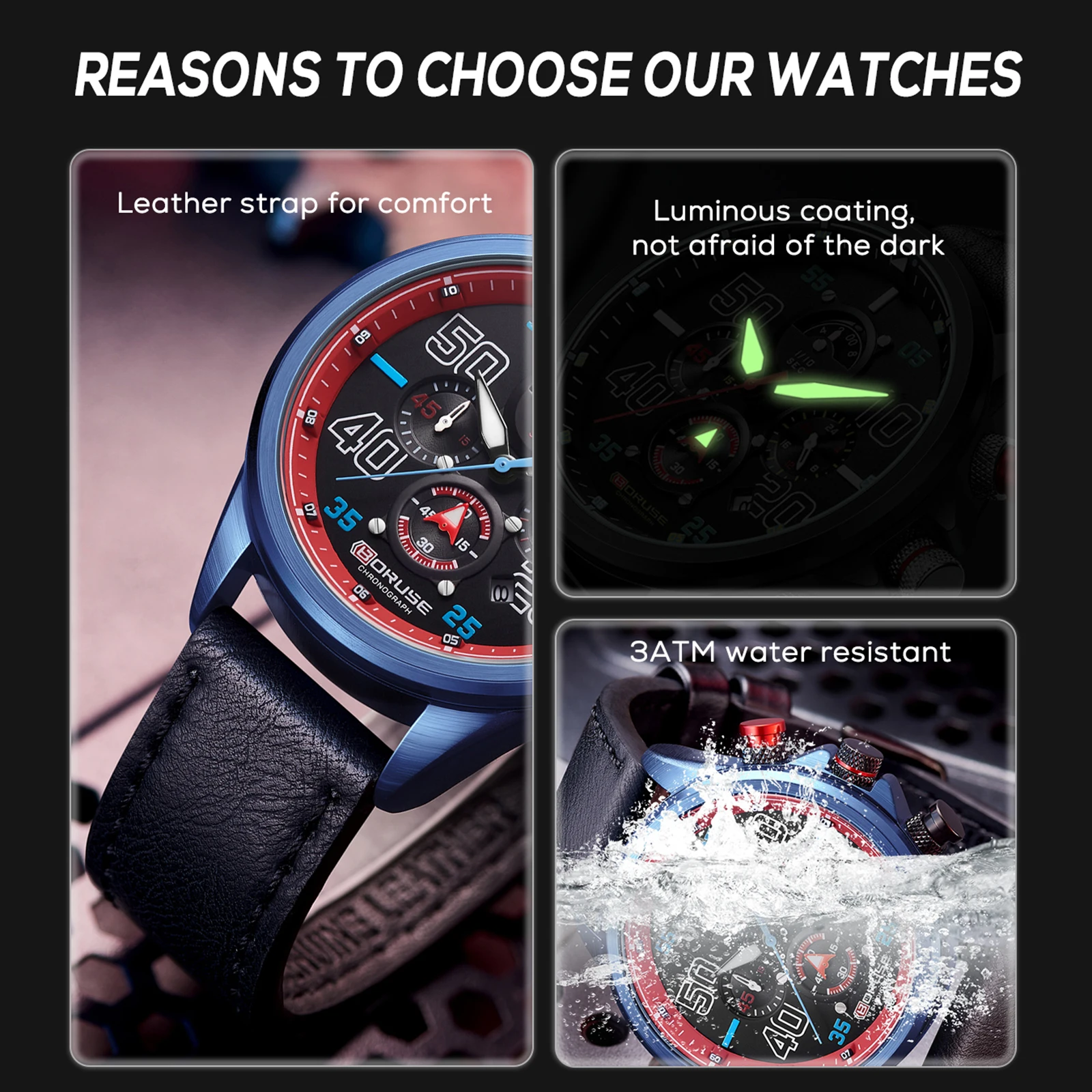 BORUSE New Mens Watches Top Brand Luxury Men Wrist Watch Leather Quartz Watch Sports Waterproof Male Clock Relogio Masculino+Box