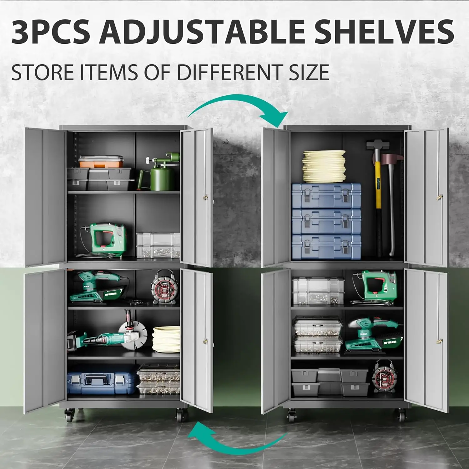 SISESOL Metal Storage Cabinet with Wheels Rolling Garage Tool Cabinet with Lock Gray Metal Shelves Home Office Shop 5