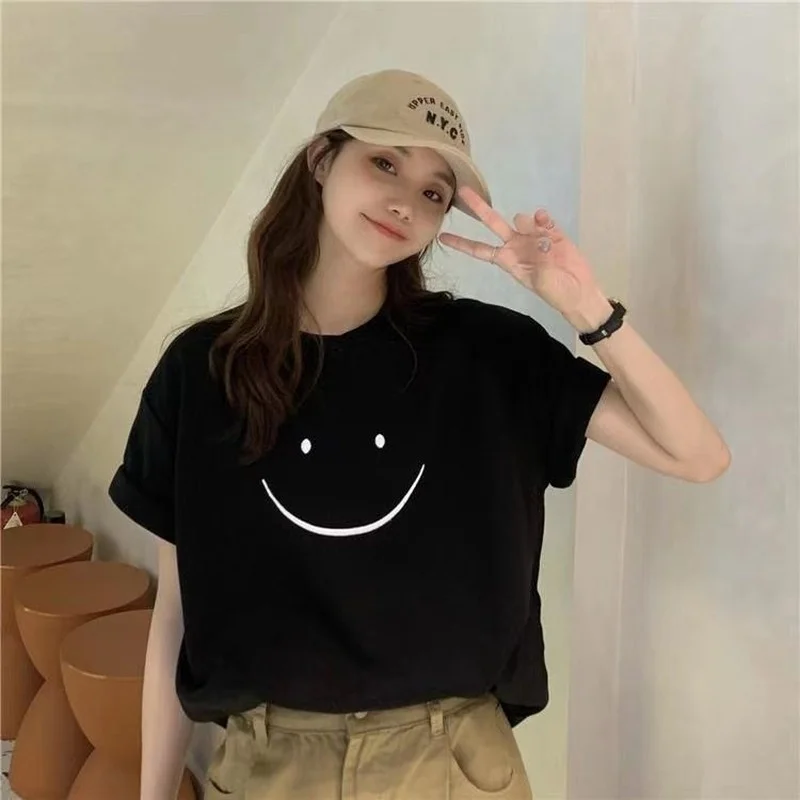 

Summer T-shirt Short Sleeve Women's 2022 New Fashion Loose T-shirt Korean Smiling Face T-shirt Half Sleeve Top Graphic T Shirts