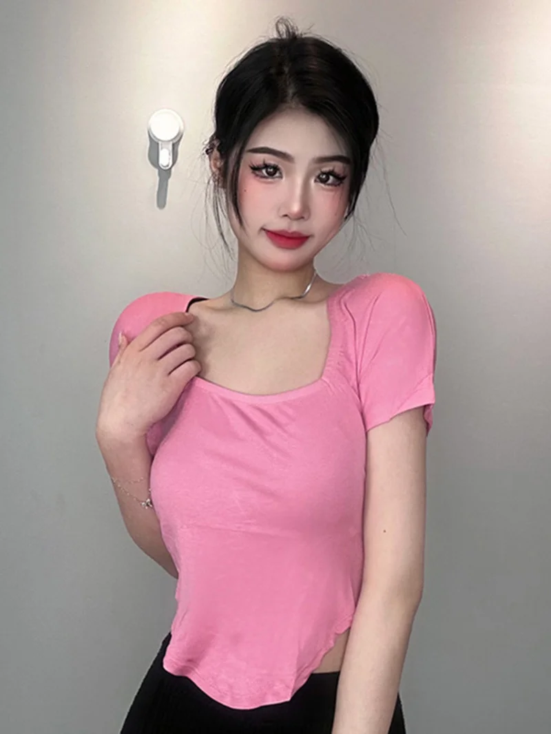 

Футболка женская облегающая с завышенной талией и квадратным вырезом, C859