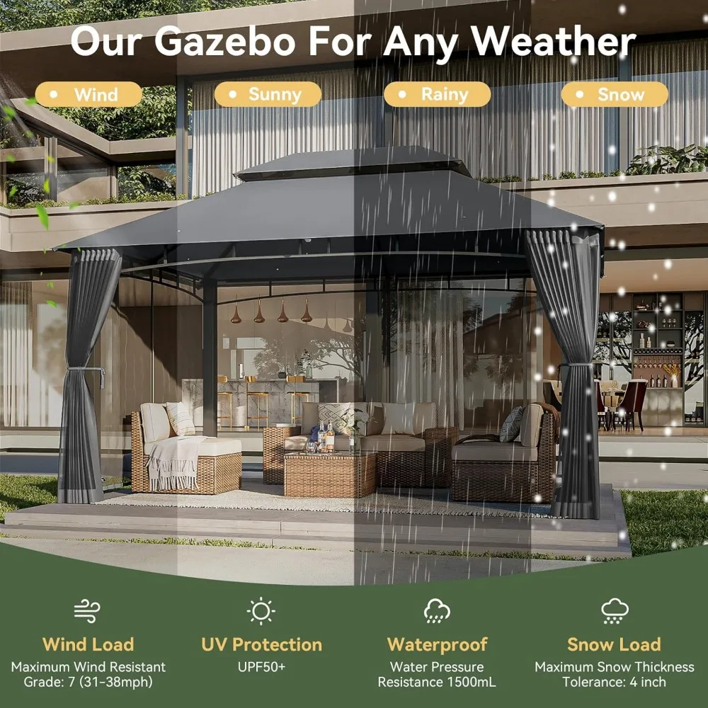 Outdoor pavilion,suitable for terrace 10x13,metal frame canopy, double roof,heavy-duty party tent, and shelter with mosquito net 6