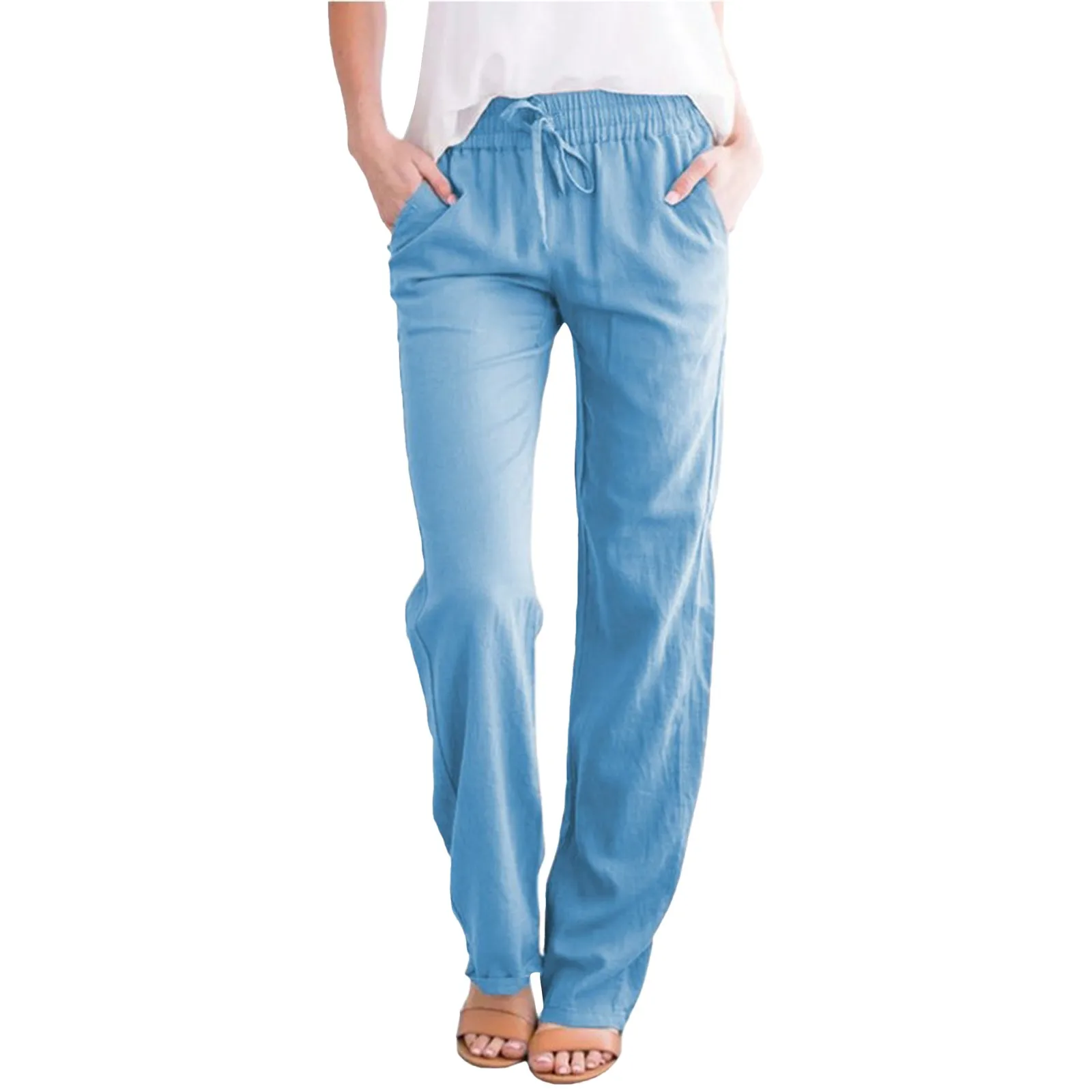 

Summer Lounge Pants Women's Solid Cotton Linen Drawstring Trousers With Pockets Ladies Casual Loose Comfy Soft Pants Streetwear