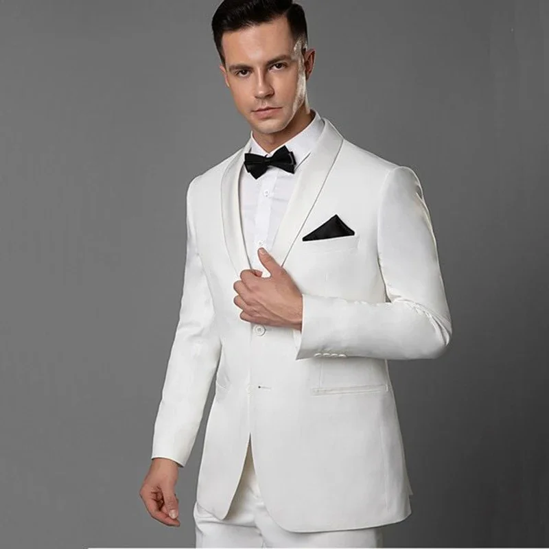 

Elegant White Formal Wedding Men Suits Groom Tuxedo Prom Slim Fit Blazer Hombre High Quality Custom 2 Piece Set Costume Homme