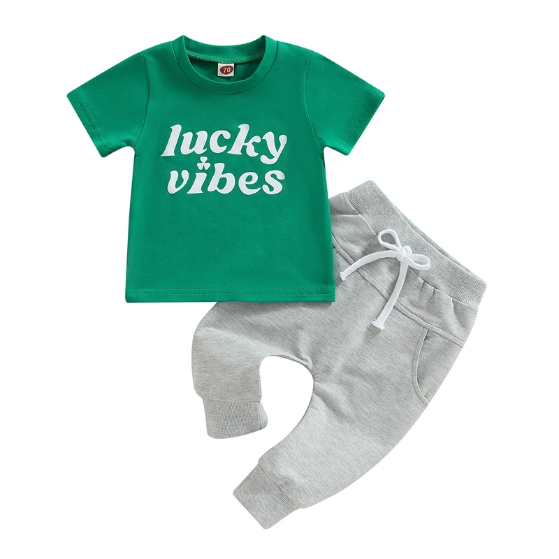 

0-3Y Baby Boys Summer Clothes Set Kids Letter Print Short Sleeve T-shirt + Long Pants Toddler St. Patrick's Day Outfits