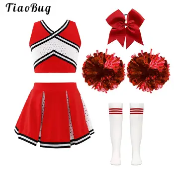 Costume da cheerleader per bambine, completo con top corto con paillettes, gonna a pieghe, copricapo e calzini a righe, uniforme da cheerleader scolastica.