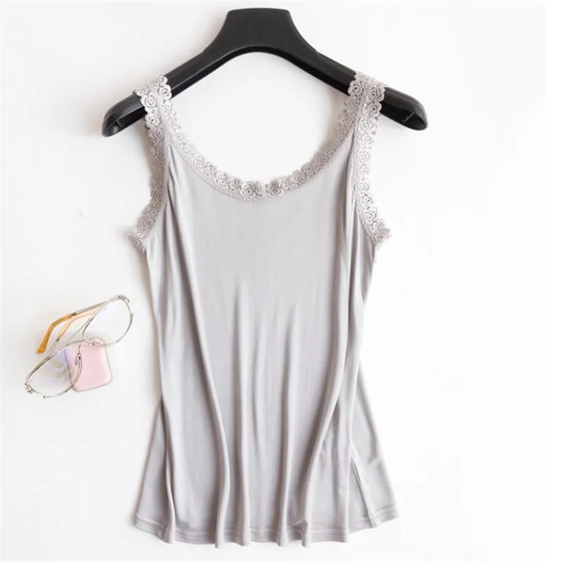 2022 Summer NEW 100% Natural Mulberry Silk Strap Top Women U Neck Solid Cami Vest Sleeveless Silk Tank Tops Ladies Lace Camisole images - 6