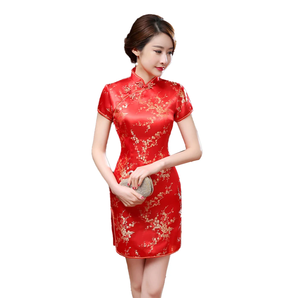 

Women Chinese Traditional Cheongsam Slim Satin Dress Party Qipao High Slit Red/Navy/Apricot/Lake blue/Black M 3XL