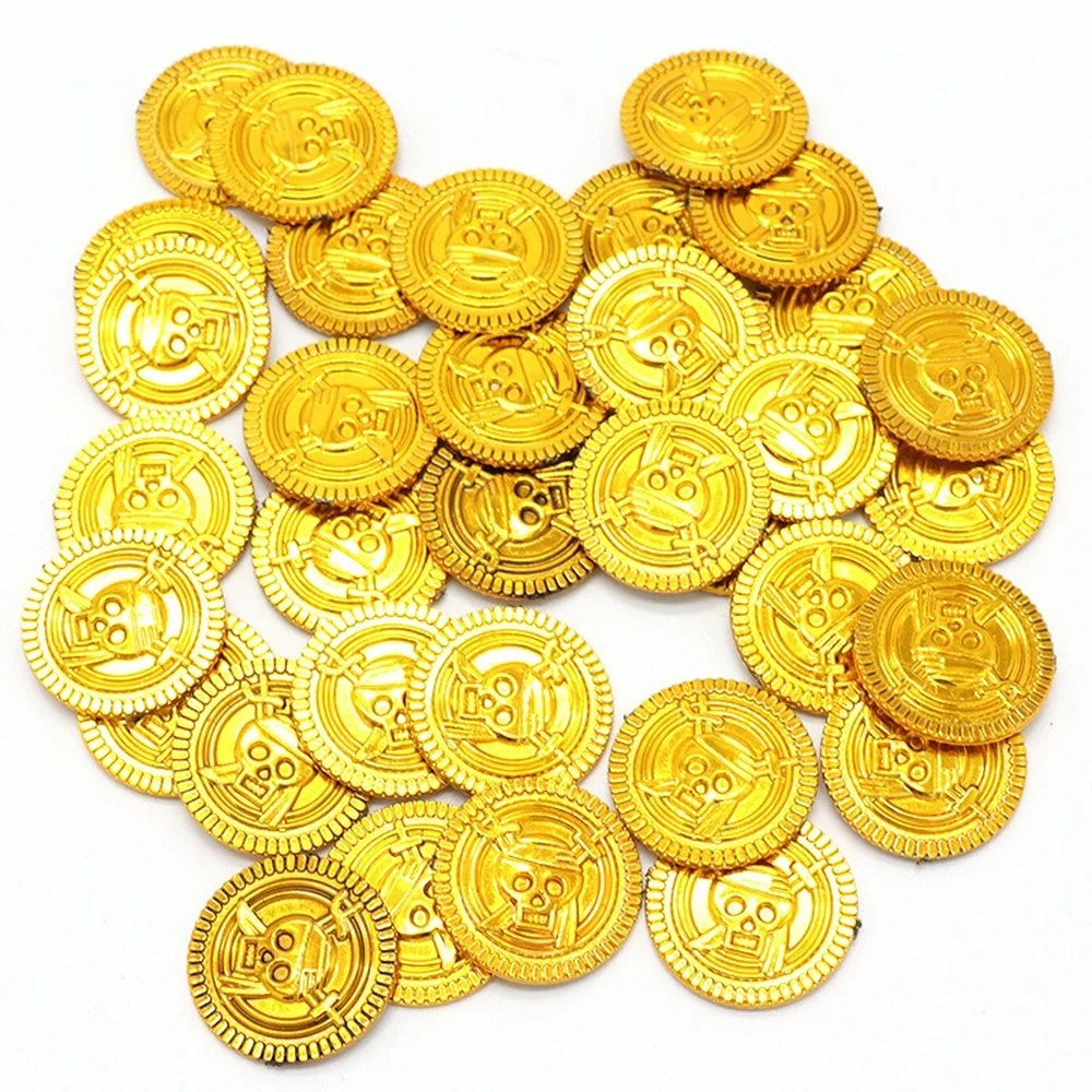 100Pcs Plastic Pirate Gold Coin Fake Game Coin Treasure Coins Funny Scene Props Halloween Christmas Party Decoration Supplies 2