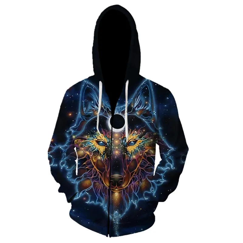 

Толстовка мужская с длинным рукавом, свитшот на молнии, кардиган в стиле Харадзюку, свитшот с объемным принтом волка, весна-осень