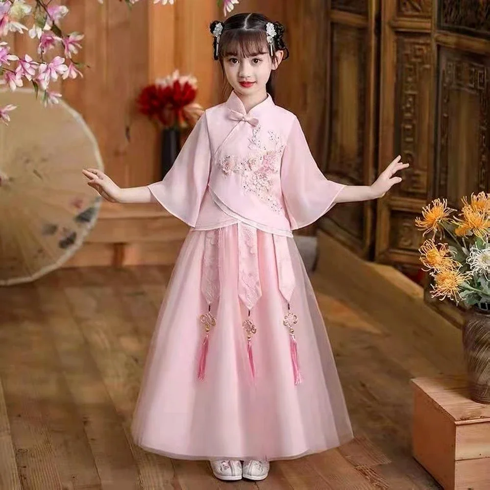 

Новинка, детский топ и юбка, костюм для традиционных китайских танцев для девочек, костюм ханьфу для косплея, Детский костюм Тан, наряды принцессы, платье для китайской девочки