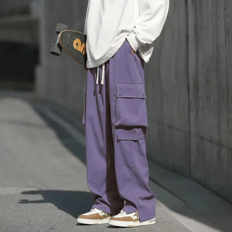 

Spring Autumn Fashion Elastic Waist Solid Color Casual Men's Clothing Straight Loose Pocket High Waist Drawstring Cargo Pants