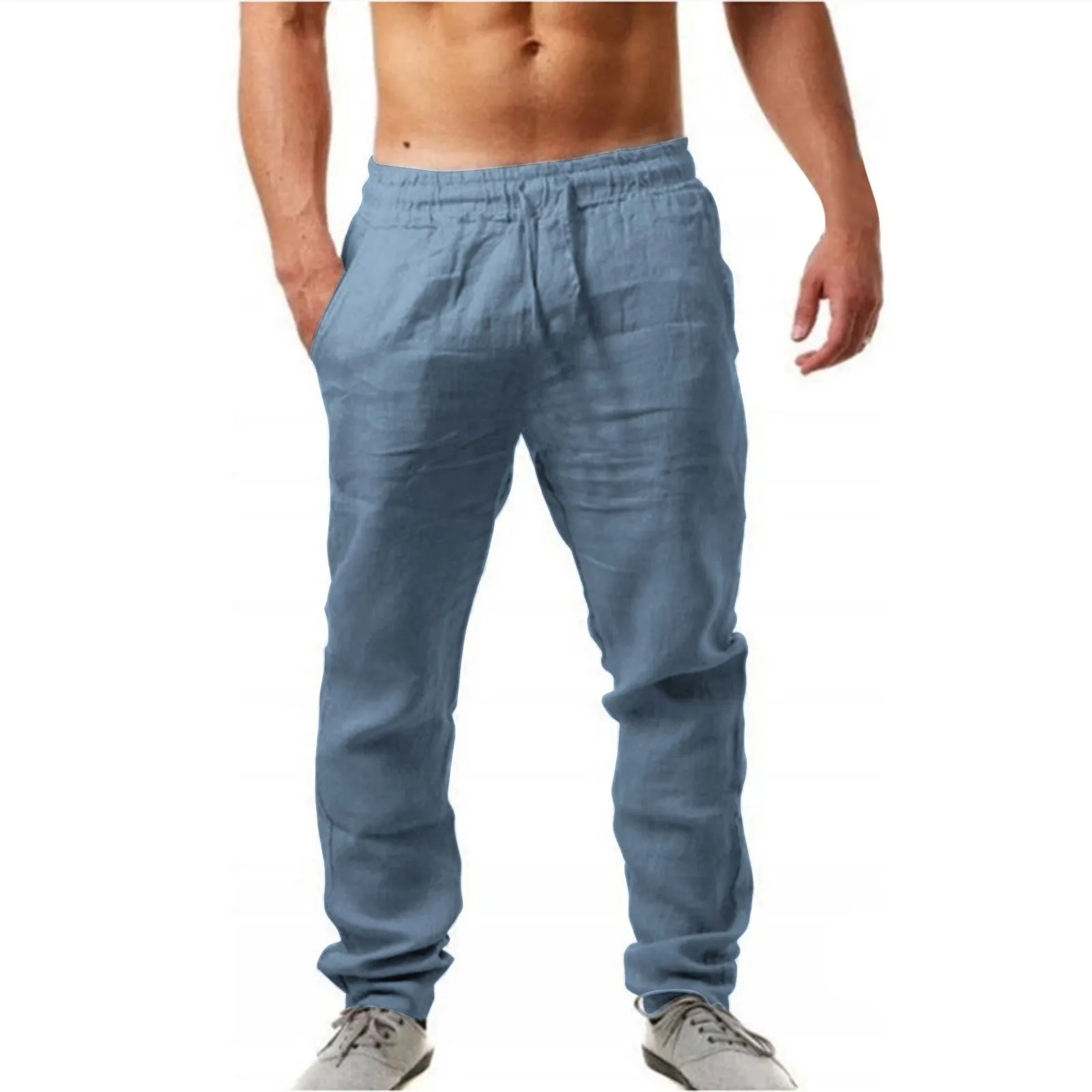 Calça masculina de linho com algodão cintura elástica adulto