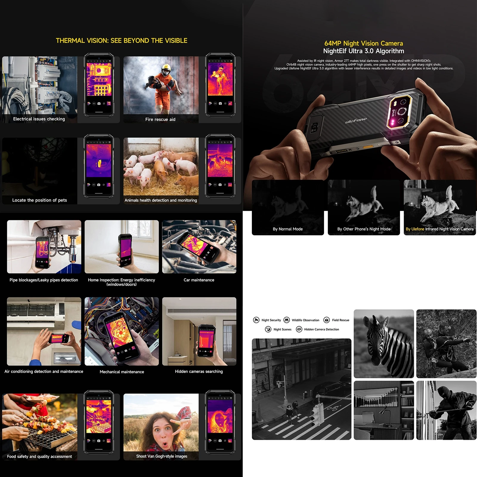 Ulefone Armor 27T Rugged Phone 12GB+256GB Thermal Imager 6.78'' 10600mAh Android 14 MediaTek Helio G99 Night Vision 4G NFC