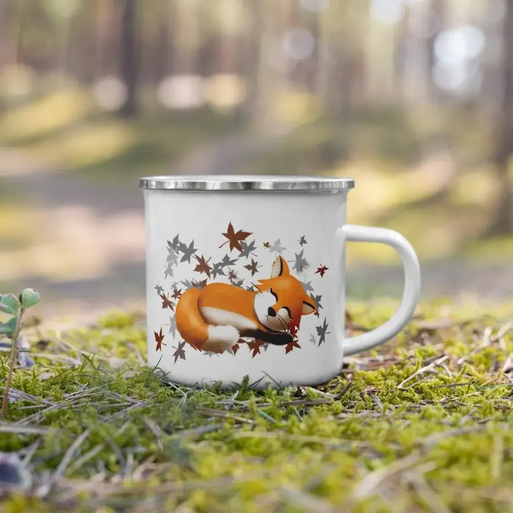 Sleeping Fox Smalto Mug Cute Fox Camping Mug 11Oz Hot Cocoa Cup Kids Birthday Gift Milk Mug