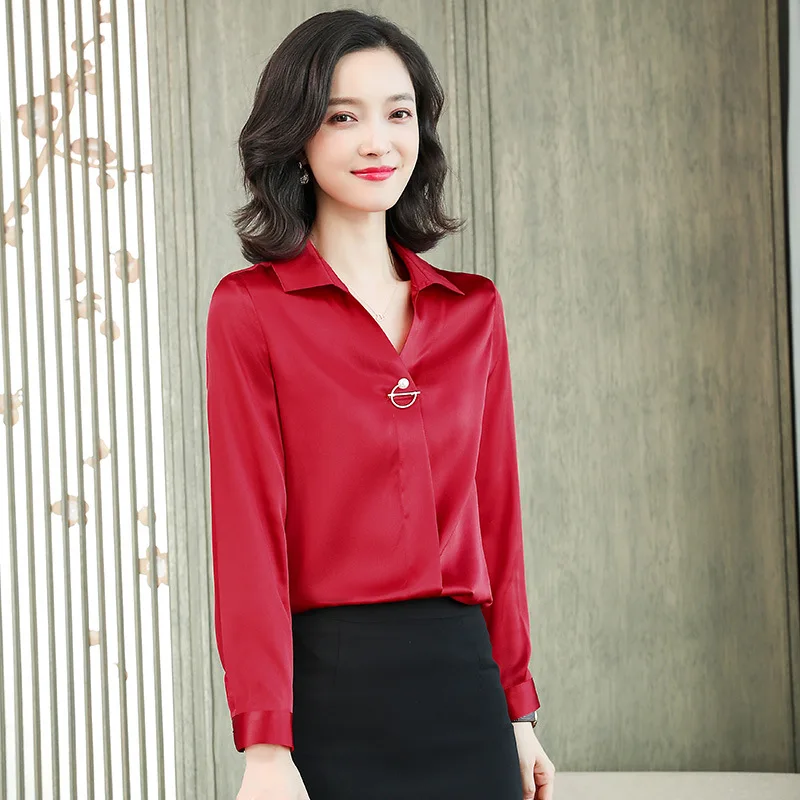 thumbnail image 1 of 2022 Seda auténtica 92% de alta calidad para mujer, blusas y camisas de manga larga con cuello en V, ropa de oficina para mujer, 1 of 5