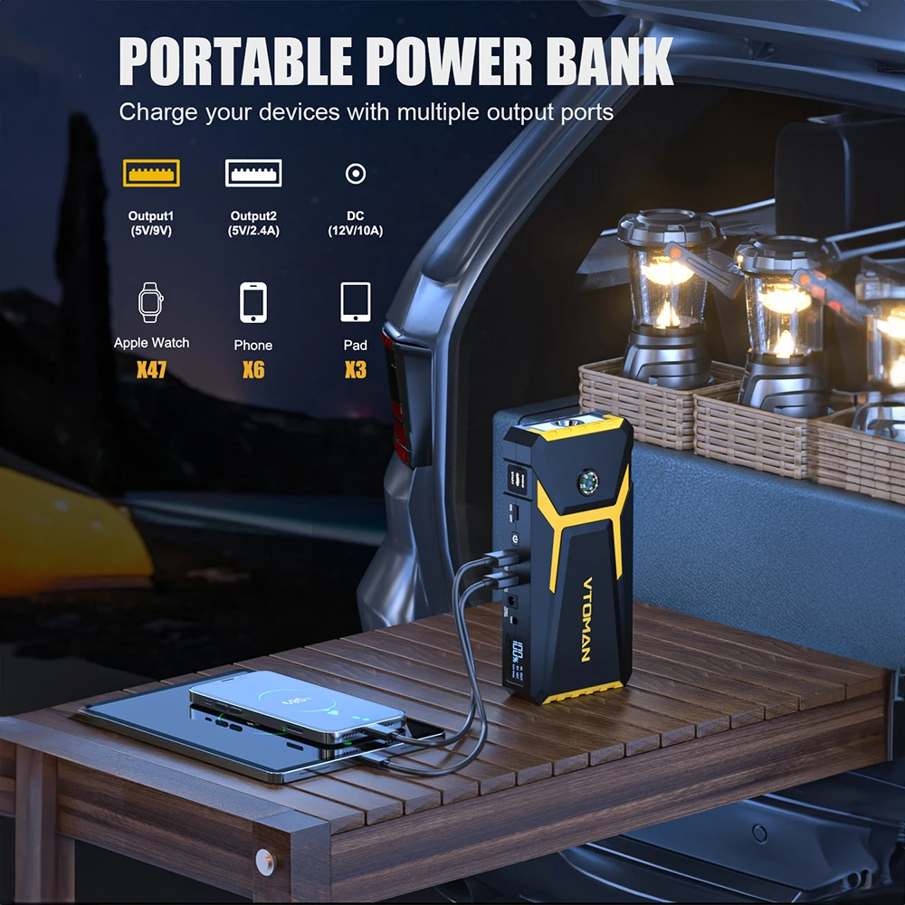 VTOMAN V8 Pro 3000A Car Jump Starter Power Bank 55.5Wh Car Starting Device Fast Charging Battery Charger Booster