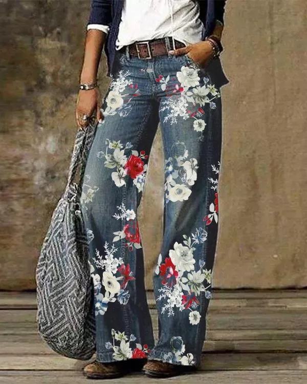 Autumn Vintage Micro Flared Pants Jeans Y2k Women Fashion Flower Printed Denim Pants Pantalones Casual Trousers джинсы женский images - 6