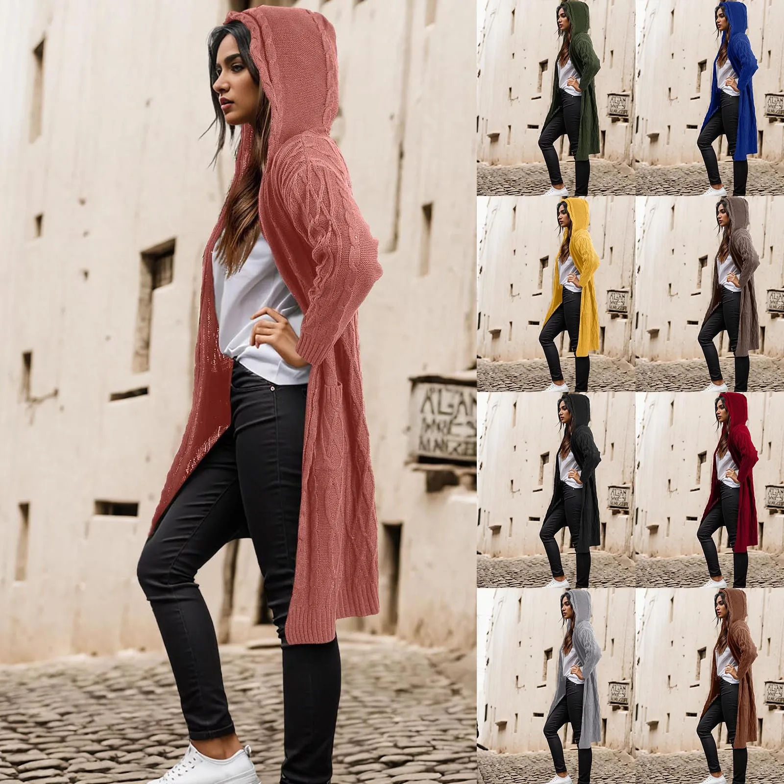 

Live Is A Highway Women Casual Coat Top Winter Solid Knitted Loose Hooded Coat Long Cardigan Sweater Pocket Coat Winter Warm