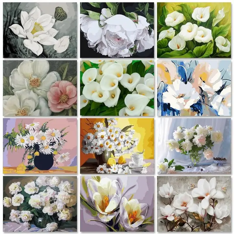 

RUOPOTY White Flowers Painting By Numbers With Frame Acrylic Paint On Canvas Picture By Numbers For Adults Diy Ideas Home Decors