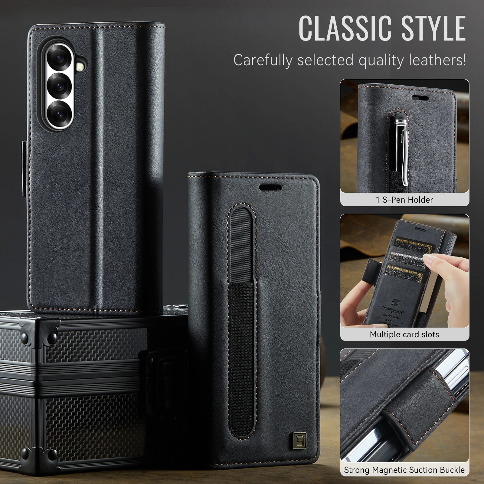 Premium Wallet-Style Phone Case with Card Slots, RFID Protection, Magnetic Closure, and Pen Slot