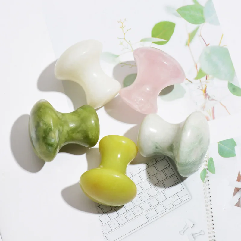 Colored Mushroom Stone Massage Natural Green Jade Smooth Face V-shaped Sculpture Health Care Portable Travel Set Gifts natural crystal stone christmas tree sculpture handmade statue tree figurines for xmas holiday decor 3 6 3 7 inch high