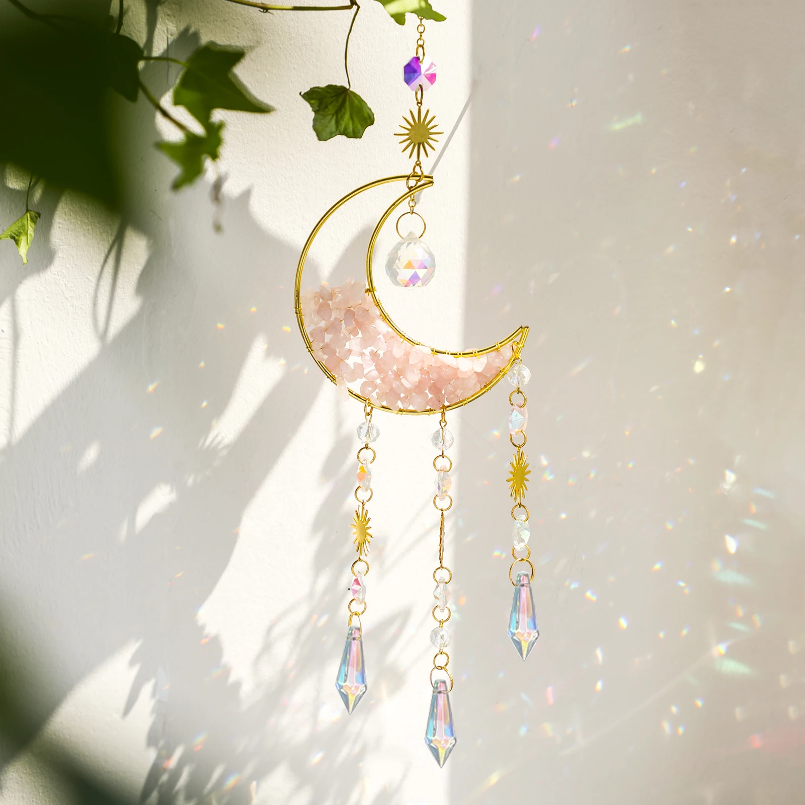 Crystal Suncatcher Moon Star Wall Hanging Decor Healing Crystals Rainbow Maker for Garden Outdoor Decoration Spring Window Decor