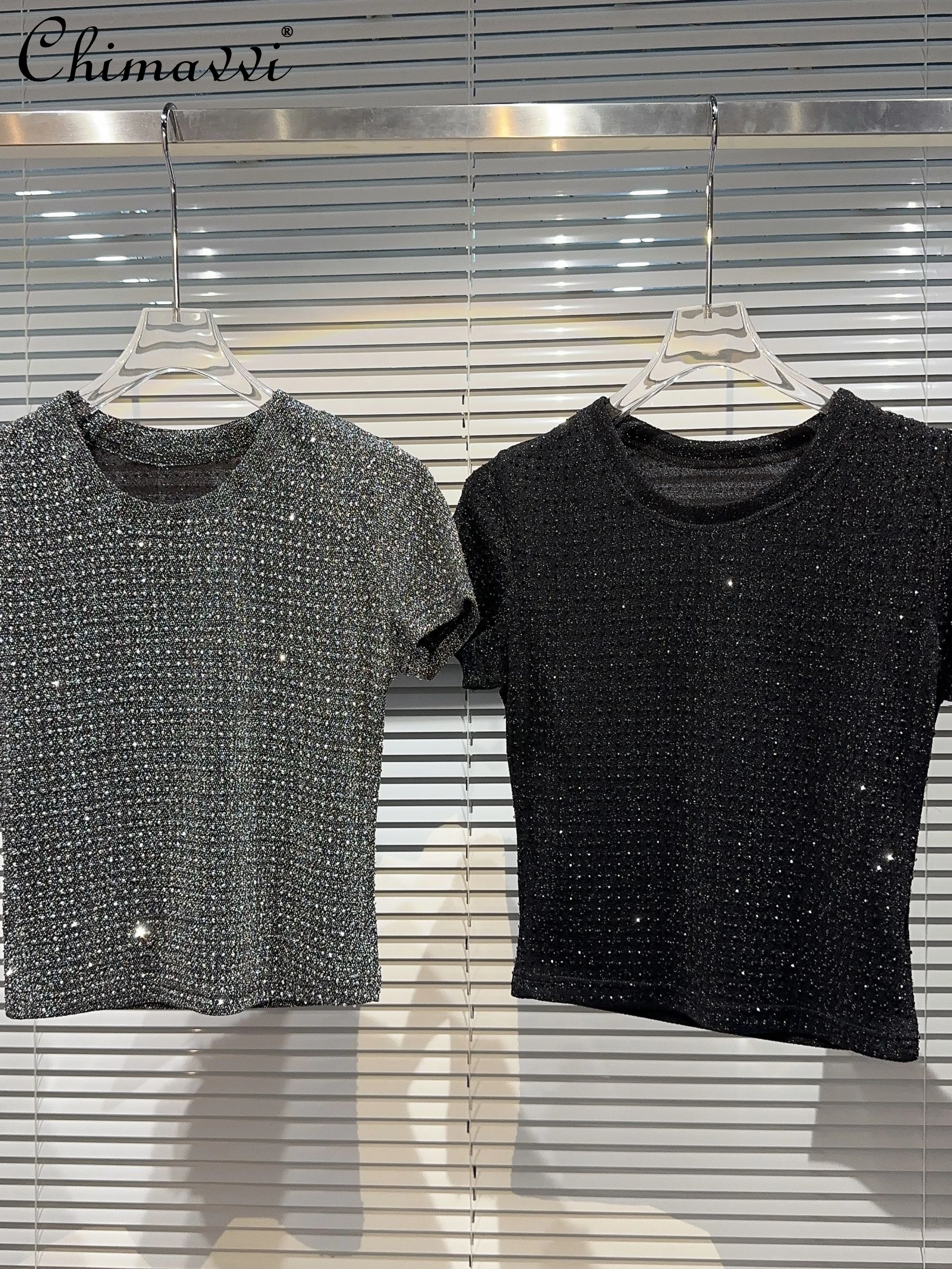 

Fashion T-shirt for Women Autumn New Hot Girl Full Body Rhinestone Fil-Lumiere Weave Short Sleeve Tshirts Women's Pullover Top