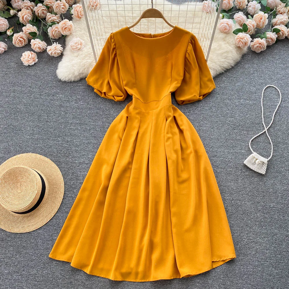 

French Vintage sweet o neck Zippers Puff Dress korean fashion Casual Women Fashion summer slim dresses