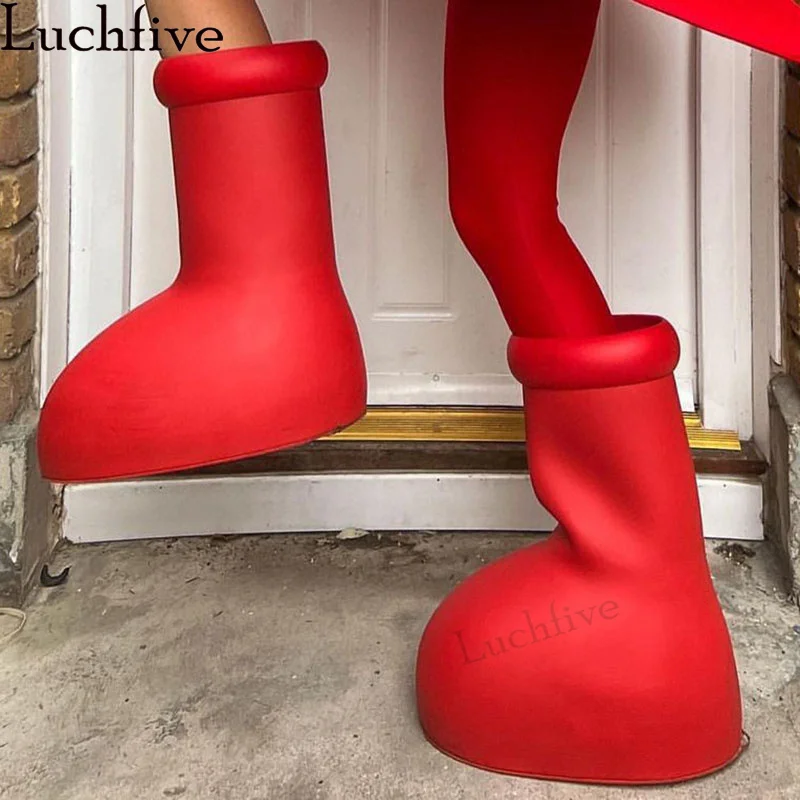 

Red Round toe Mid Calf Chelsea Boots Women Thick Slip on Flats Ankle Boots Luxury EVA Latex Shoes 2023 New Punk Boots female