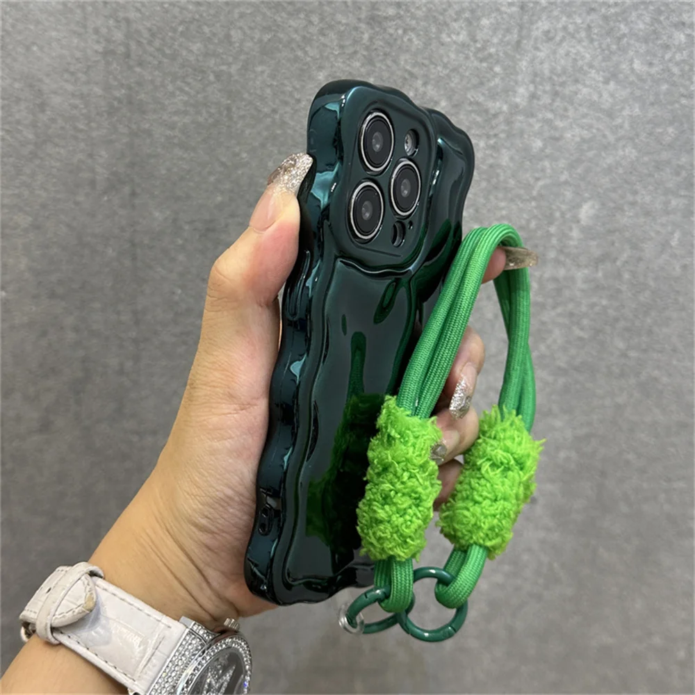 Luxury Curly Wave Semi-Plush Phone Case with Lanyard and Wrist Strap