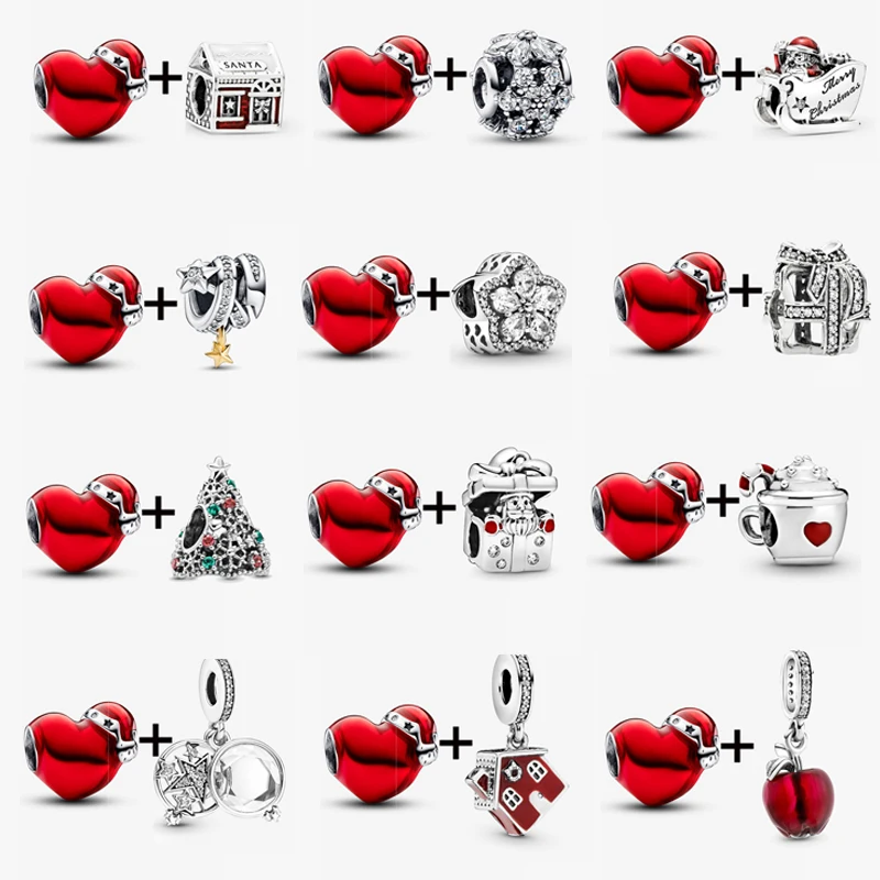 

2Pcs/Lot Christmas Hat Heart & Star Charm Bead With Snowflake Pendant Fit Brand Bracelet & Necklace For Women Making Xmas Gift