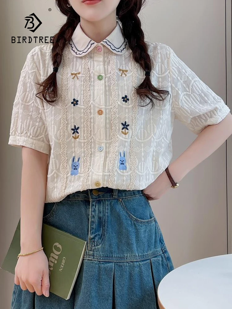 

New Spring Cotton Embroidery Shirt Women Lapel Short Sleeve Sweet Tops Girl Loose Appear Thin OL Blouses 2024 Autumn T44082QC