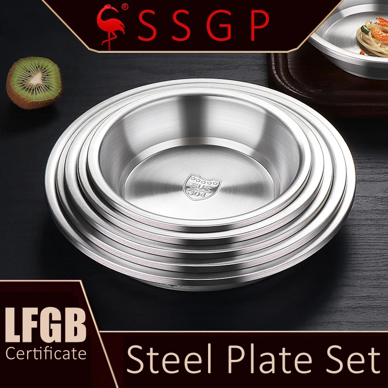 6 Pieces of LFGB Certificated 304 Stainless Steel Plate Set 18cm-28cm Luxury Fall Resistant Course Dish for Family Dining Room